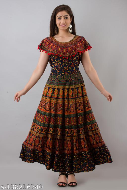 Stylish Cotton Printed Anarkali Dress with Pom Poms - M Y V E L O R A