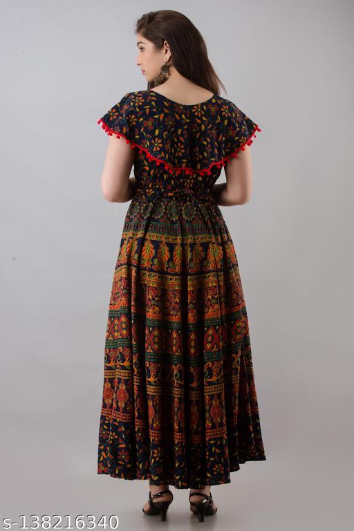 Stylish Cotton Printed Anarkali Dress with Pom Poms - M Y V E L O R A