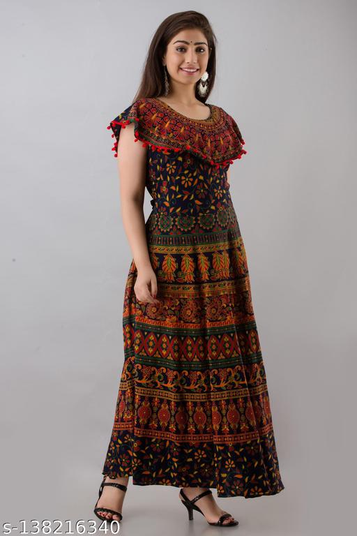 Stylish Cotton Printed Anarkali Dress with Pom Poms - M Y V E L O R A