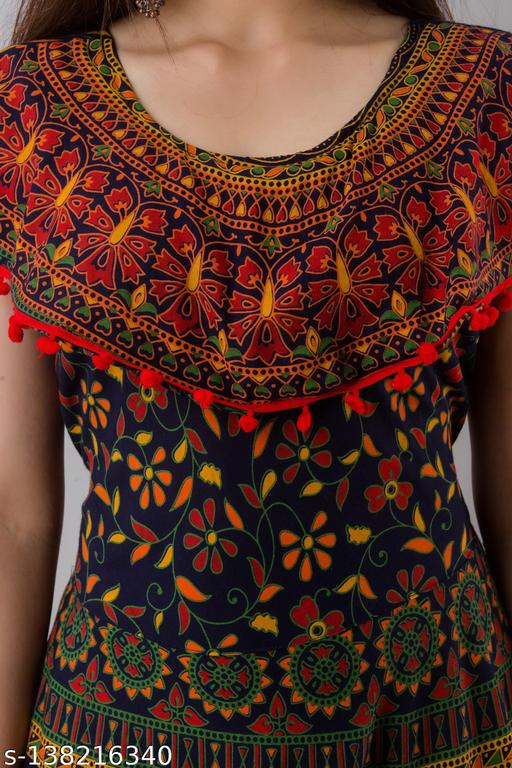 Stylish Cotton Printed Anarkali Dress with Pom Poms - M Y V E L O R A