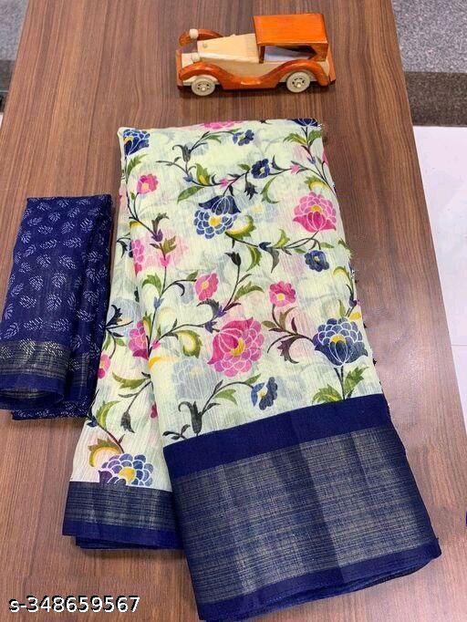 Zareena Navy Blue Colour Floral Print Cotton Saree with Contrast Border | Lightweight and Semi-Transparent Tussar-Look Saree for Daily Wear Under ₹300 - M Y V E L O R A