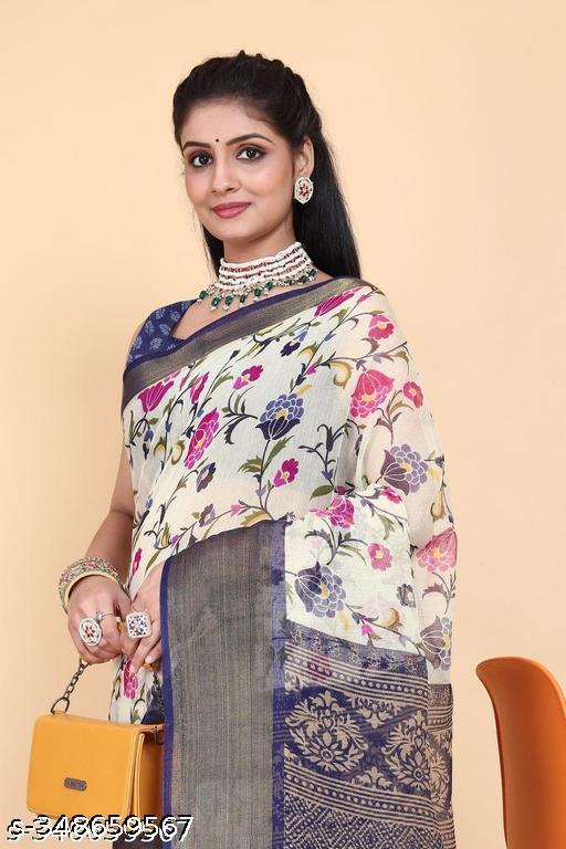 Zareena Navy Blue Colour Floral Print Cotton Saree with Contrast Border | Lightweight and Semi-Transparent Tussar-Look Saree for Daily Wear Under ₹300 - M Y V E L O R A