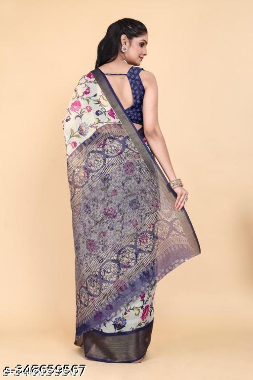 Zareena Navy Blue Colour Floral Print Cotton Saree with Contrast Border | Lightweight and Semi-Transparent Tussar-Look Saree for Daily Wear Under ₹300 - M Y V E L O R A