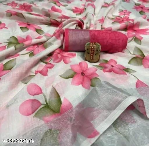 Cotton Linen Printed Saree Designer Bollywood Partywear Wedding Traditional Best Collection of Beautiful Sarees with Blouse Latest  Trending  Sari|_White - M Y V E L O R A