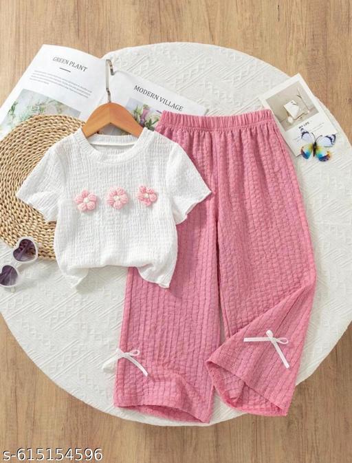 Girls Premium Cotton Outfit Floral Textured Top & Palazzo Pants Trendy Girls Co-Ord Set White Flower Top with Pink Pants Premium Girls Pink Co-Ord Set Soft Cotton Floral Matching Outfit - M Y V E L O R A
