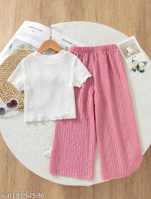 Girls Premium Cotton Outfit Floral Textured Top & Palazzo Pants Trendy Girls Co-Ord Set White Flower Top with Pink Pants Premium Girls Pink Co-Ord Set Soft Cotton Floral Matching Outfit - M Y V E L O R A