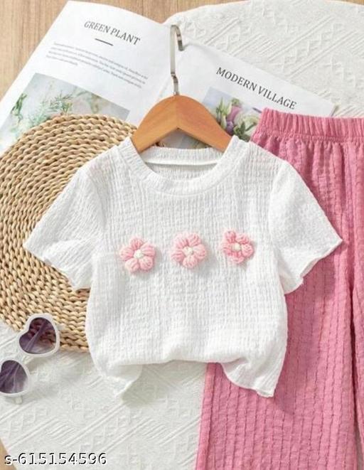 Girls Premium Cotton Outfit Floral Textured Top & Palazzo Pants Trendy Girls Co-Ord Set White Flower Top with Pink Pants Premium Girls Pink Co-Ord Set Soft Cotton Floral Matching Outfit - M Y V E L O R A