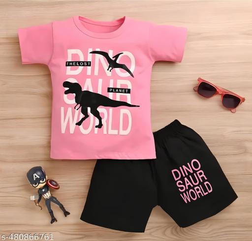 " Baby Boys & Baby Girls  Pink Dino T-shirt Shorts " - M Y V E L O R A