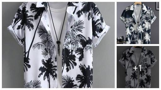 Men's Summer Palm Tree Printed Short Sleeve Casual Shirt, Vacation Style