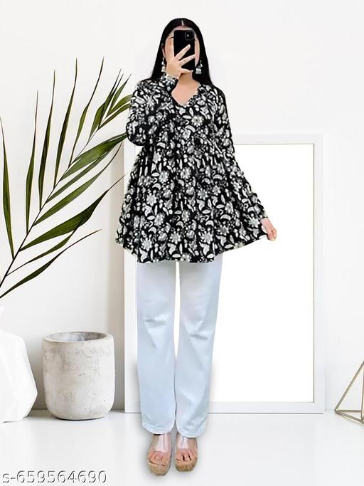 Casual Rayon Blend V-Neck Full Sleeves Stylish Black  Peplum Top (28"Inch) - Neezhofashion