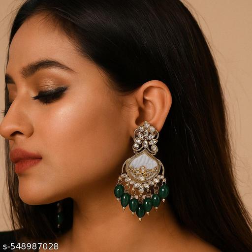 Gold Plated Traditional Kundan Earrings for Women | Ethnic Green Beaded Dangler Jhumka Earrings for Wedding, Festival & Party Wear - NJORA LUXURY FASHION