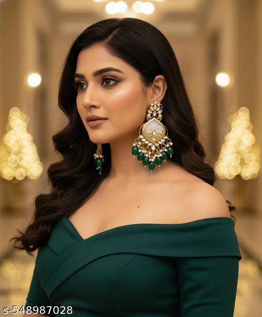 Gold Plated Traditional Kundan Earrings for Women | Ethnic Green Beaded Dangler Jhumka Earrings for Wedding, Festival & Party Wear - NJORA LUXURY FASHION