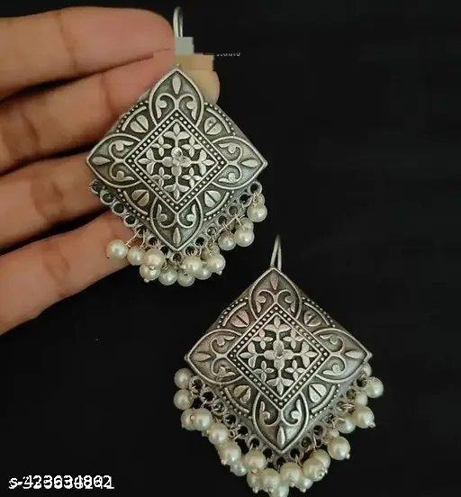 Latest Pearl Drop Oxidised German Silver Hanging Earrings for girls and woman - NJORA LUXURY FASHION