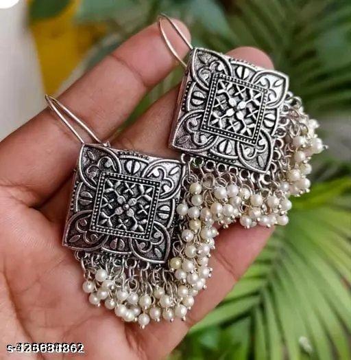 Latest Pearl Drop Oxidised German Silver Hanging Earrings for girls and woman - NJORA LUXURY FASHION