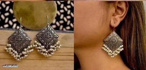 Latest Pearl Drop Oxidised German Silver Hanging Earrings for girls and woman - NJORA LUXURY FASHION