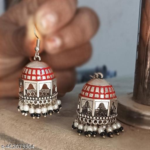 Trendy Oxidised Silver Red Meena Work Temple Earrings And Studs For Girls And Women Antique Jhumki Hanging Earring And Stud For Festivel And Wedding Collection Jhumka - NJORA LUXURY FASHION