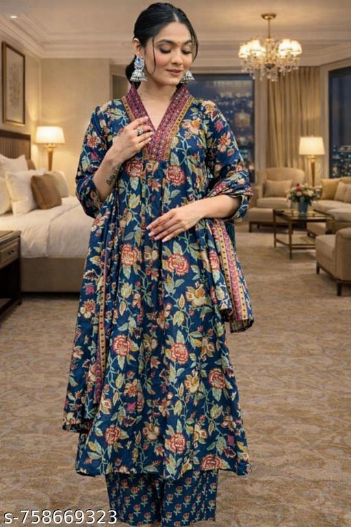 Women Navy Blue Floral Printed Kurta Set | Festive & Party Wear |Best Selling Navy Blue Floral Kurti Set | Daily & Festive Wear |Blue Printed Kurti Set for Women | Trendy Ethnic Look | - NJORA LUXURY FASHION