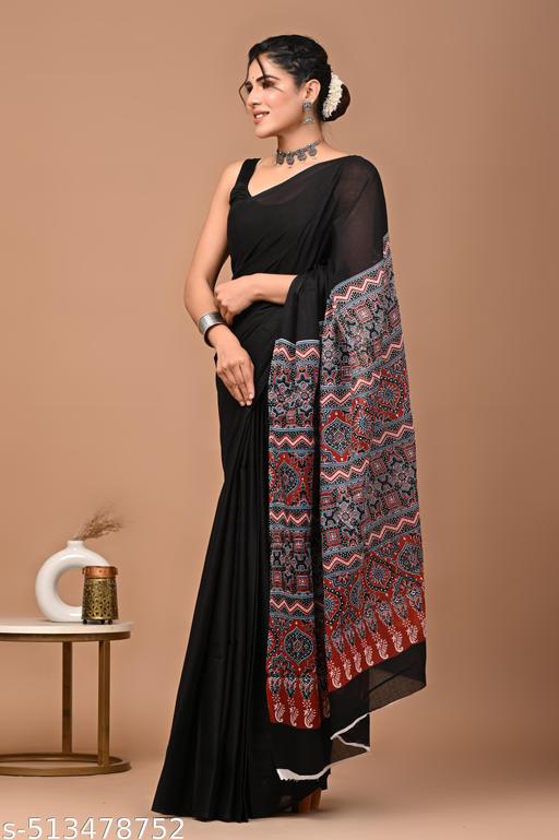 Ajrakh Inspired Printed Cotton Mul Saree - NJORA LUXURY FASHION