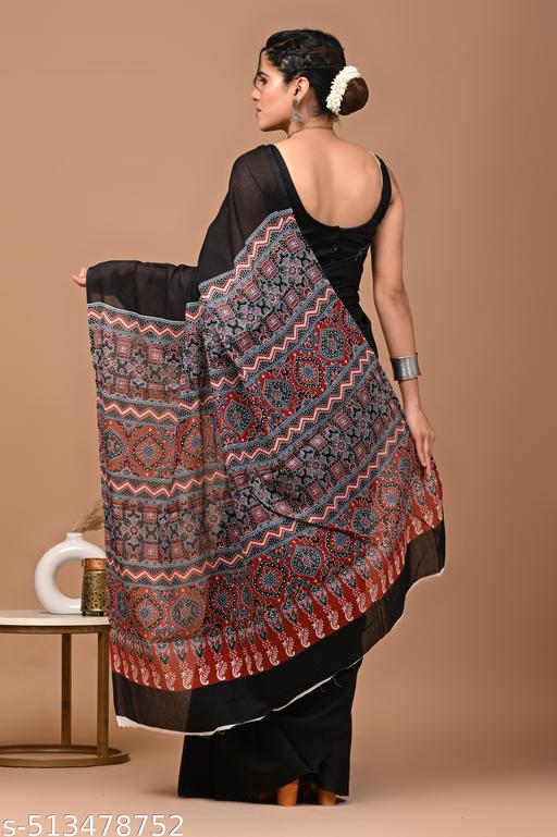 Ajrakh Inspired Printed Cotton Mul Saree - NJORA LUXURY FASHION