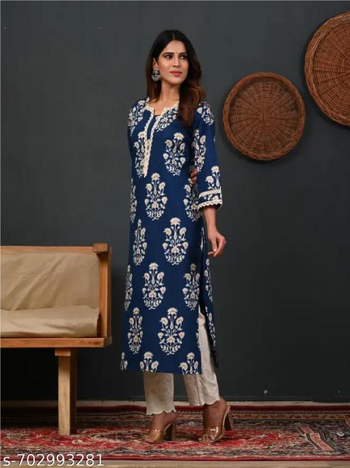 HN BLUE LACE | Printed Kurti For Festivals | Women Printed Kurta | New Kurti | Stylish Kurti | Party Wear | Women Latest Kurti | Women Rayon Floral Printed Straight Kurti/Kurta - NJORA LUXURY FASHION