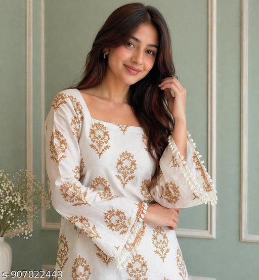 Stylish Women’s Printed Cotton Kurti | White & Gold Ethnic Kurta with Bell Sleeves and Lace Detail | Latest Straight Fit Kurti for Daily Wear, Office, Festive Occasion | Trendy Comfortable Kurti for Women New Design Collection - NJORA LUXURY FASHION