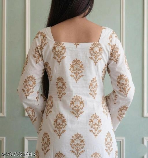 Stylish Women’s Printed Cotton Kurti | White & Gold Ethnic Kurta with Bell Sleeves and Lace Detail | Latest Straight Fit Kurti for Daily Wear, Office, Festive Occasion | Trendy Comfortable Kurti for Women New Design Collection - NJORA LUXURY FASHION