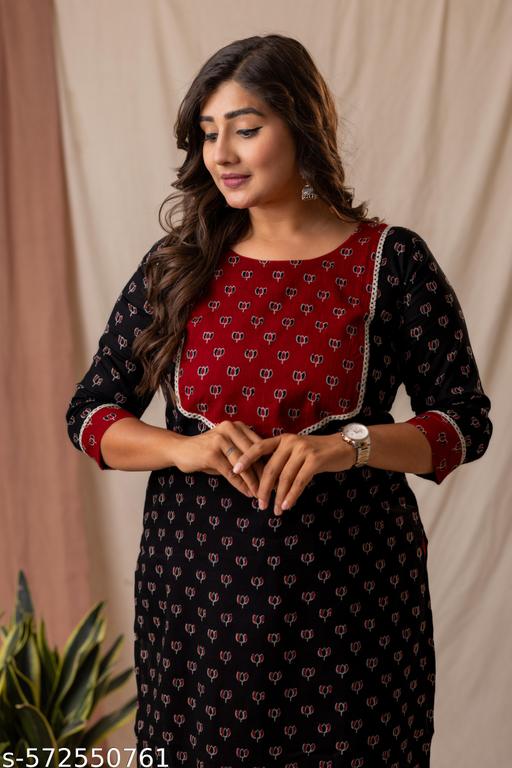Women's Pure Cotton Printed Straight Kurti – Black & Maroon - NJORA LUXURY FASHION