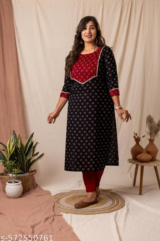 Women's Pure Cotton Printed Straight Kurti – Black & Maroon - NJORA LUXURY FASHION