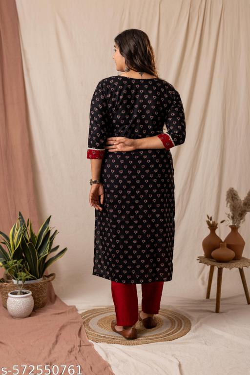 Women's Pure Cotton Printed Straight Kurti – Black & Maroon - NJORA LUXURY FASHION