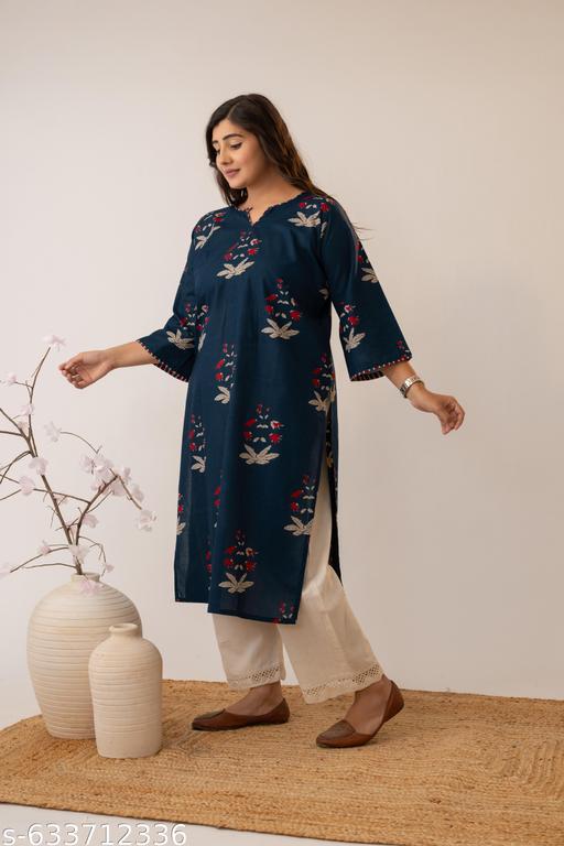 Pure Cotton Oversized Kurta for Women | Navy Blue Floral Block Printed Kurti | 3/4th Bell Sleeves | Plus Size M–6XL - NJORA LUXURY FASHION