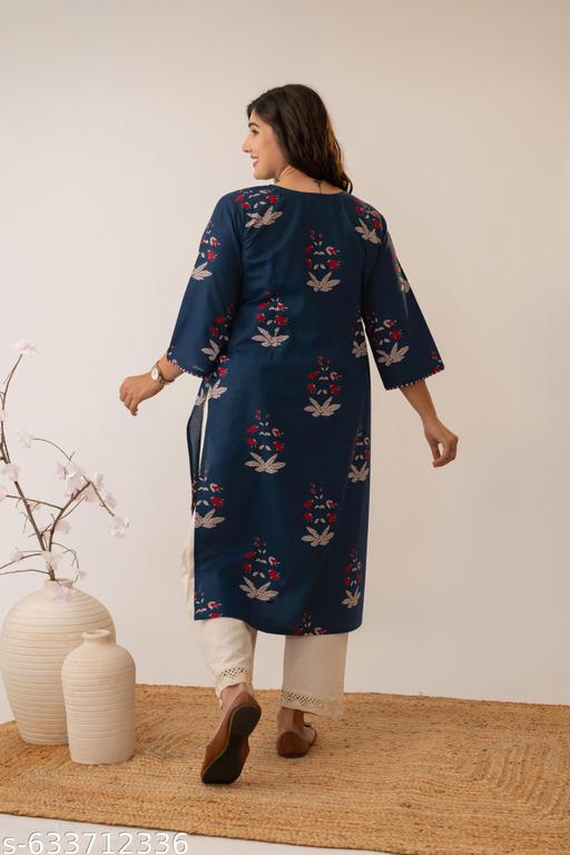 Pure Cotton Oversized Kurta for Women | Navy Blue Floral Block Printed Kurti | 3/4th Bell Sleeves | Plus Size M–6XL - NJORA LUXURY FASHION