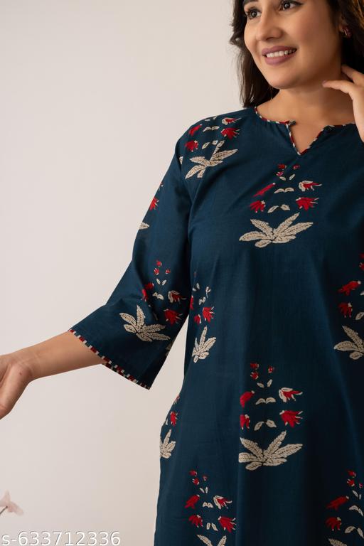 Pure Cotton Oversized Kurta for Women | Navy Blue Floral Block Printed Kurti | 3/4th Bell Sleeves | Plus Size M–6XL - NJORA LUXURY FASHION