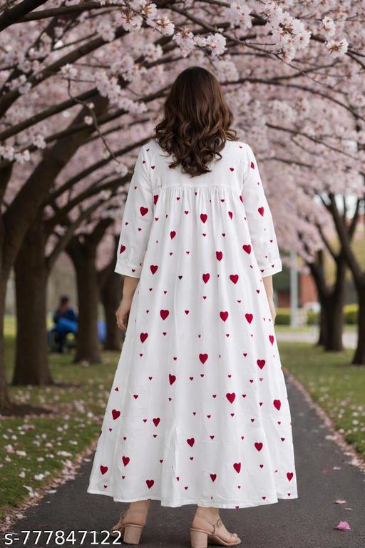 Women White Heart Print V-Neck Flared Maxi Dress - NJORA LUXURY FASHION