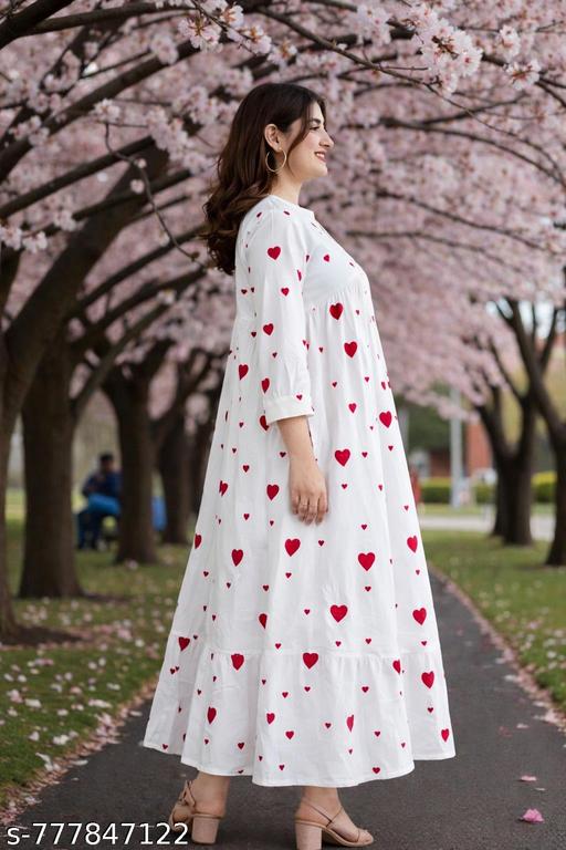 Women White Heart Print V-Neck Flared Maxi Dress - NJORA LUXURY FASHION