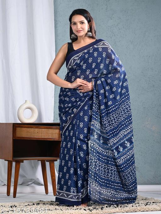 Pure Cotton Mulmul Bagru Hand Block Print Saree. Made from ultra-soft, breathable mulmul cotton, this lightweight saree is perfect for daily wear, office wear, and summer styling. Comes with a matching blouse piece. - NJORA LUXURY FASHION