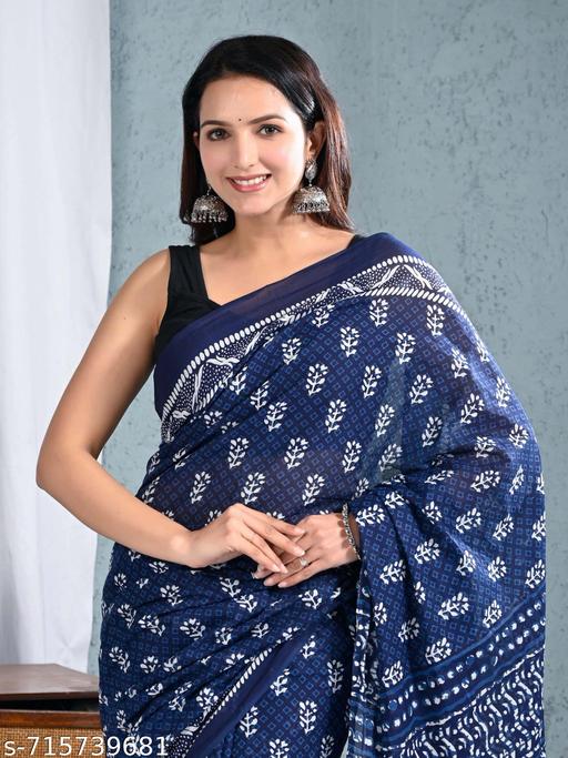 Pure Cotton Mulmul Bagru Hand Block Print Saree. Made from ultra-soft, breathable mulmul cotton, this lightweight saree is perfect for daily wear, office wear, and summer styling. Comes with a matching blouse piece. - NJORA LUXURY FASHION