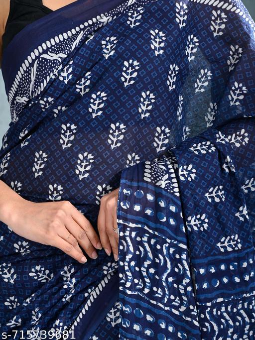 Pure Cotton Mulmul Bagru Hand Block Print Saree. Made from ultra-soft, breathable mulmul cotton, this lightweight saree is perfect for daily wear, office wear, and summer styling. Comes with a matching blouse piece. - NJORA LUXURY FASHION