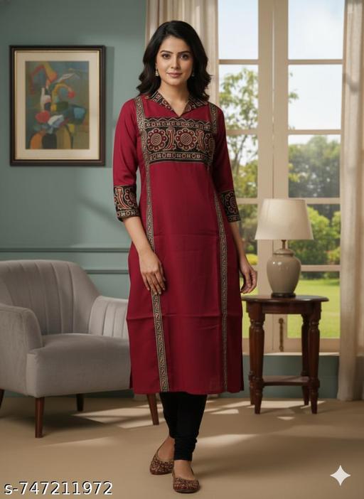 Women’s Maroon Cotton Kurta with Traditional Ajrakh Block Print & V-Neckline - NJORA LUXURY FASHION
