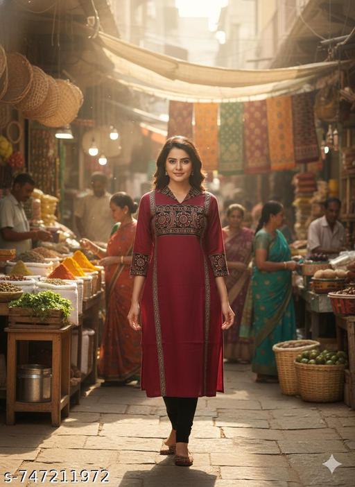 Women’s Maroon Cotton Kurta with Traditional Ajrakh Block Print & V-Neckline - NJORA LUXURY FASHION