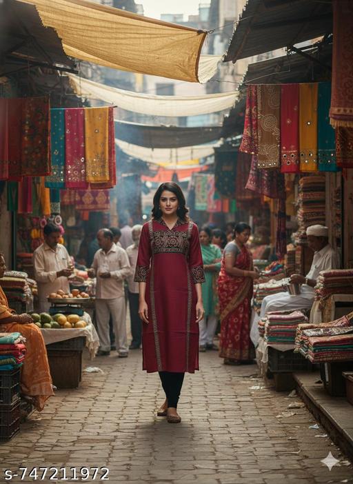 Women’s Maroon Cotton Kurta with Traditional Ajrakh Block Print & V-Neckline - NJORA LUXURY FASHION