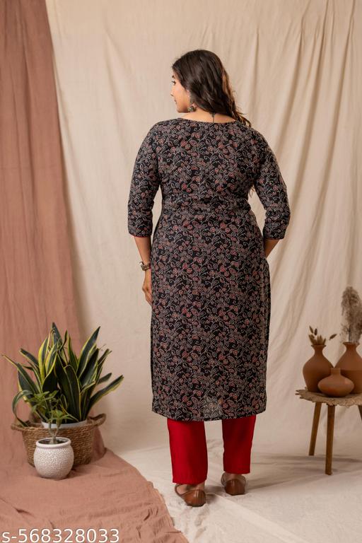Women Black Pure Cotton Printed Kurti with Maroon Piping | Daily Wear Kurta - NJORA LUXURY FASHION