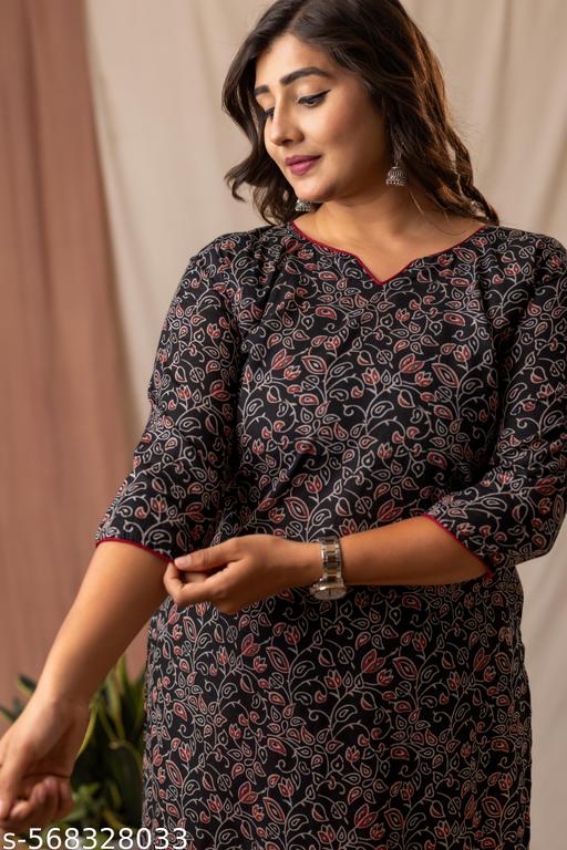 Women Black Pure Cotton Printed Kurti with Maroon Piping | Daily Wear Kurta - NJORA LUXURY FASHION