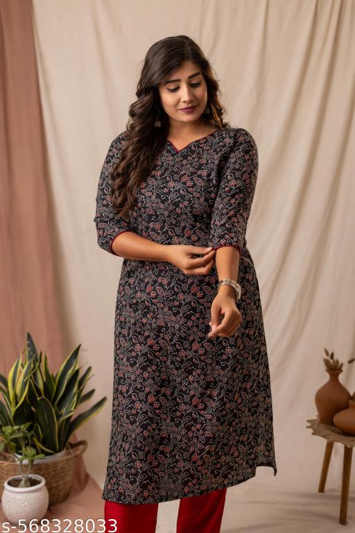 Women Black Pure Cotton Printed Kurti with Maroon Piping | Daily Wear Kurta - NJORA LUXURY FASHION