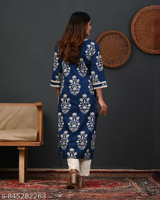 Women Casual Blue Printed Kurti Straight Cotton Kurta - NJORA LUXURY FASHION
