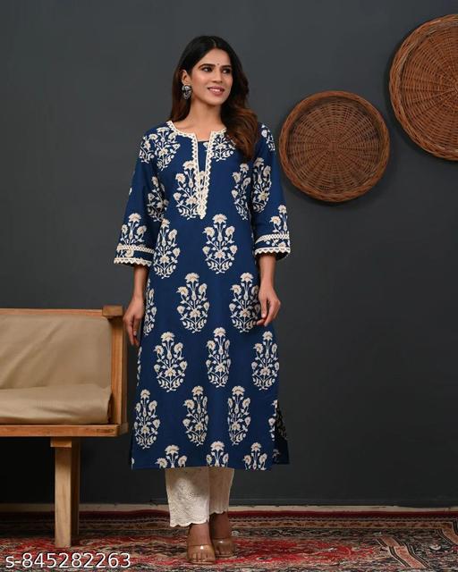 Women Casual Blue Printed Kurti Straight Cotton Kurta - NJORA LUXURY FASHION