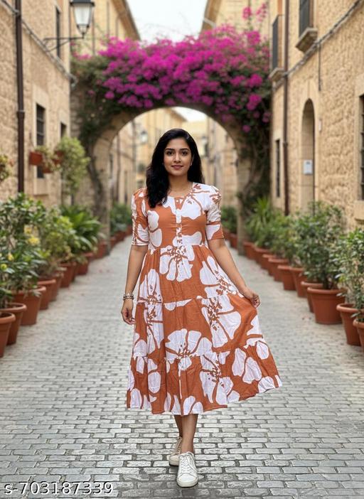 Women Rayon Midi Dress Knee Length Floral Print Ethnic Wear Soft Fabric Daily Wear Dress - NJORA LUXURY FASHION