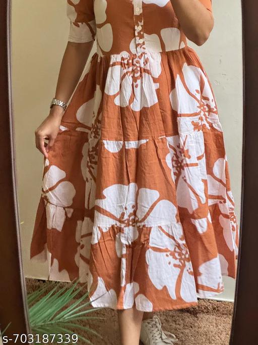 Women Rayon Midi Dress Knee Length Floral Print Ethnic Wear Soft Fabric Daily Wear Dress - NJORA LUXURY FASHION
