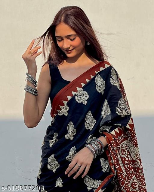 Soft Cotton Hand Printed Saree,Jaipuri,Sanganeri,Bagru Print Hand Block Saree With Unstitched Blouse - NJORA LUXURY FASHION