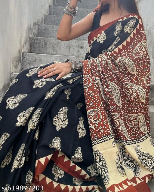Soft Cotton Hand Printed Saree,Jaipuri,Sanganeri,Bagru Print Hand Block Saree With Unstitched Blouse - NJORA LUXURY FASHION
