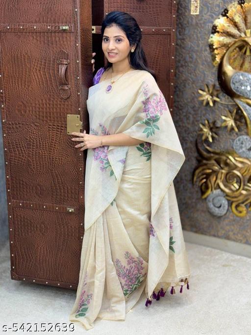 White Cotton Linen Saree with Multicolor Blouse & Zari Border - NJORA LUXURY FASHION